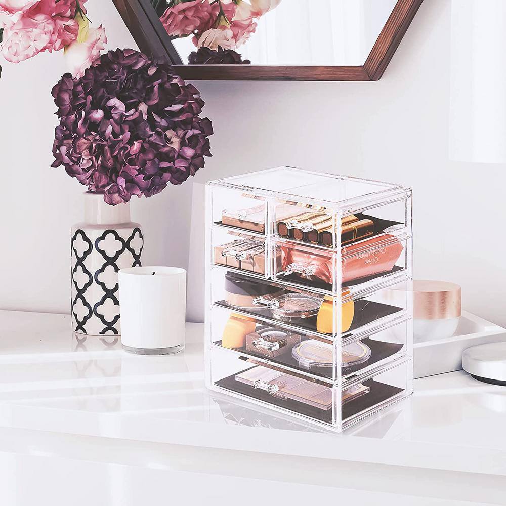 Clear Acrylic 6-Drawer Vanity Organizer with Geometric Design