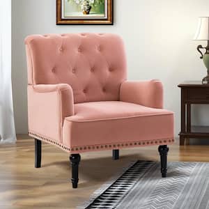 Enrica Pink Tufted Comfy Velvet Armchair with Nailhead Trim and Rubberwood Legs