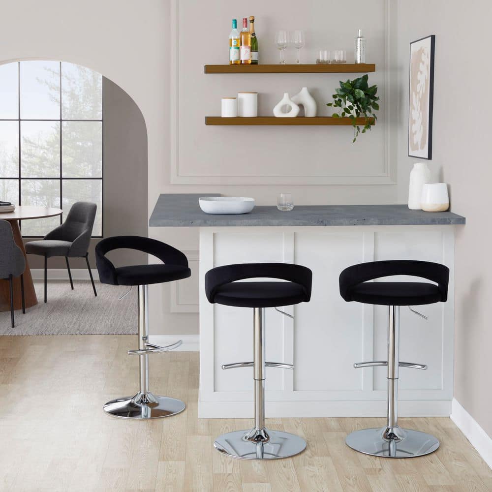 Grotto Upholstered 39.5 in. Black Velvet and Chrome Metal Adjustable Bar Stool with Rounded T-Footrest (Set of 3) price history on PriceWatchPro