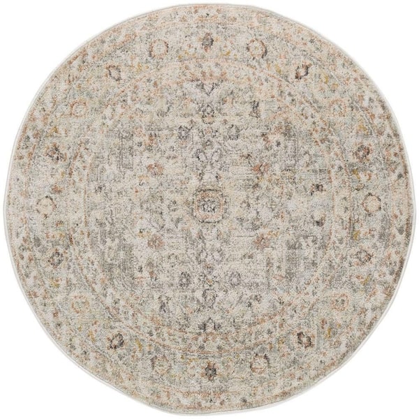 Oushak Home Light Grey 4 ft. x 4 ft. Floral Traditional Round Area Rug