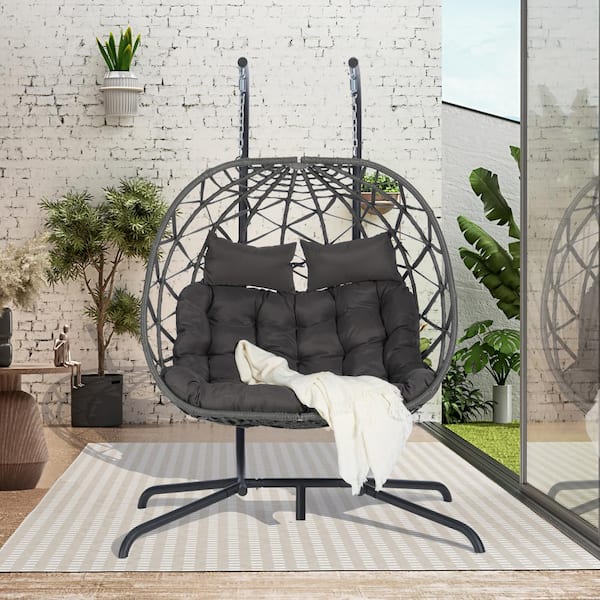 Unbranded High-Quality Durable Steel Frame Large 2-Person 600 lbs. Gray Wicker Double Swing Egg Chair with Deep Gray Cushions