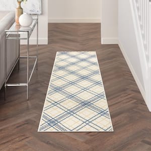 Jubilant Ivory Navy 2 ft. x 7 ft. Abstract Contemporary Runner Area Rug