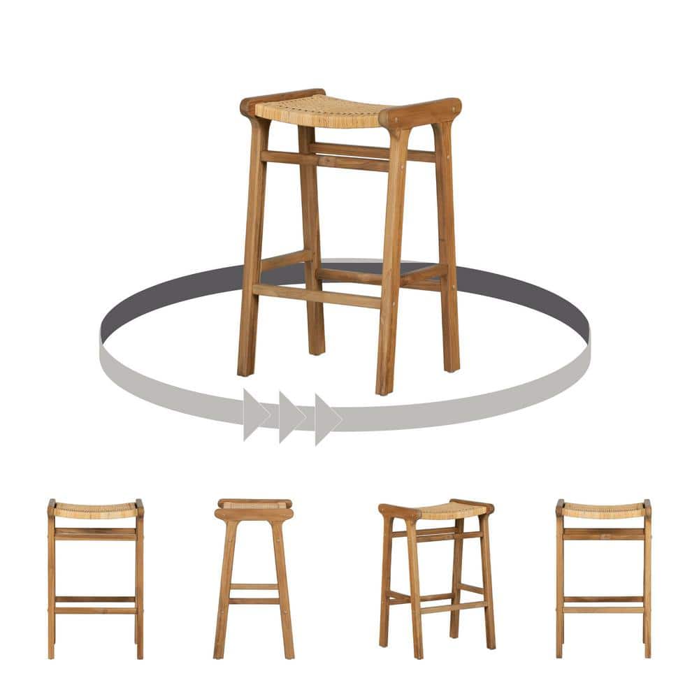 Rattan and Teak Wood Backless Bar Stools, Set of 2
