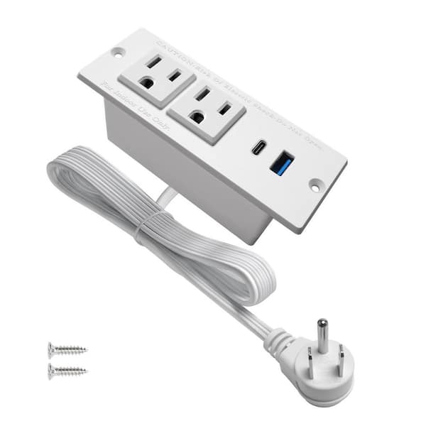 White USB C Recessed Power Strip Fast Charge Desktop Power Station 2 Outlets 2 USB for Tabletop Sofa Cabinet Nightstand