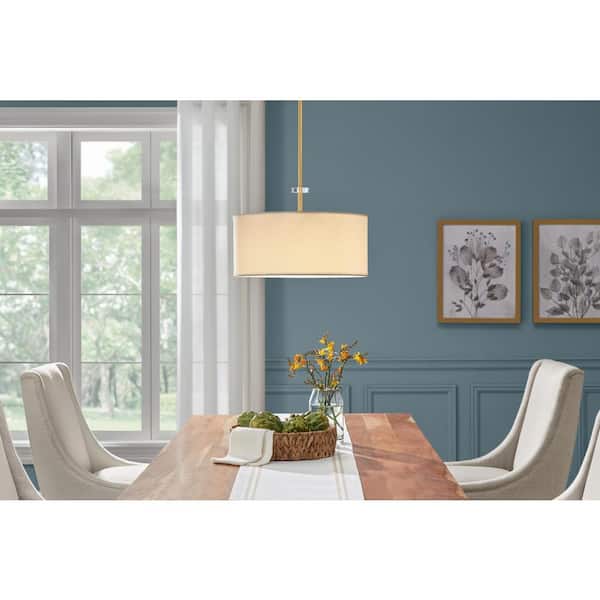 Dawson 1-Light Aged Brass Shaded Pendant Light with White Drum Fabric Shade