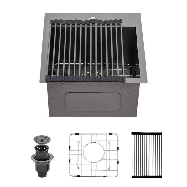 Logmey Gunmetal Black 18Gauge Stainless Steel 15 in. Single Bowl Drop