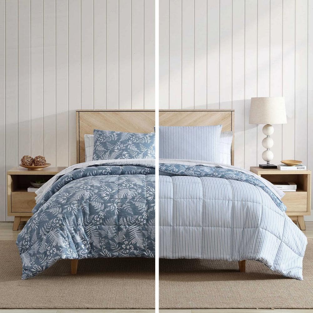 Twin Blue Microfiber Reversible Bedspread Set