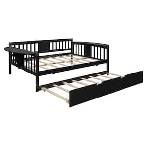 Espresso Full Size Daybed with Twin Size Trundle, Daybed Frames with Small Foldable Table, No Box Spring Required