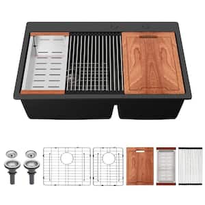 33 in. Drop-In/Undermount Double Bowl 18 Gauge Gunmetal Granite Composite Kitchen Sink in Black