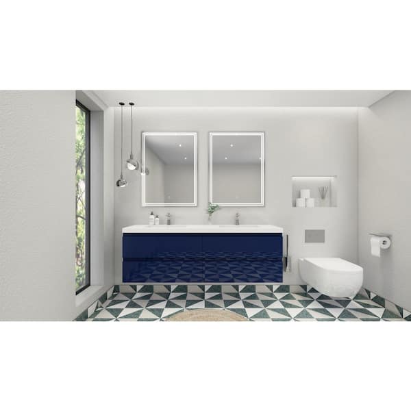 Moreno Bath Bohemia 71 in. W Bath Vanity in High Gloss Night Blue with Reinforced Acrylic Vanity Top in White with White Basins