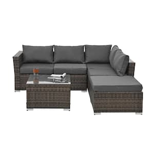 4-Piece Outdoor Wicker Patio Conversation Set with Tempered Glass Coffee Table, for Patio Garden, Dark Gray Cushions