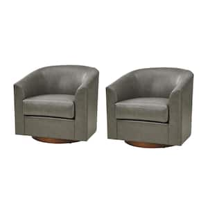 Meroy 30.5 in. Wide Grey Modern Swivel Barrel Faux Leather Chair with Solid Wood Base Set of 2