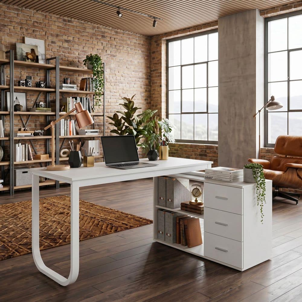 FUFU&GAGA 55.1 in. L-Shaped White Wood Computer Desk Writing Desk