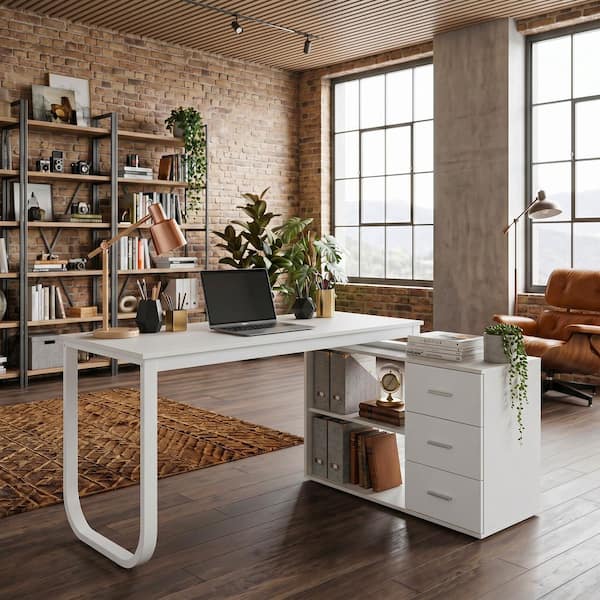 FUFU&GAGA 55.1 in. L-Shaped White Wood Computer Desk Writing Desk