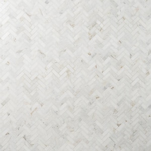 Arctic White 4 in. x 0.39 in. Herringbone Polished Marble Mosaic Tile Sample