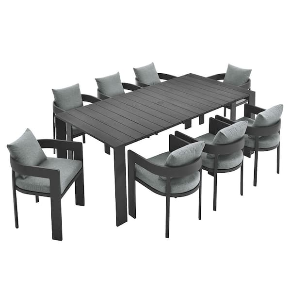 Tahoe Gray 9-Piece Powder-Coated Aluminum Outdoor Dining Set with Gray Cushions