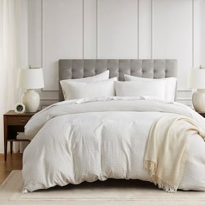 Mina 3-Piece White King/Cal King Waffle Weave Microfiber Textured Duvet Cover Set