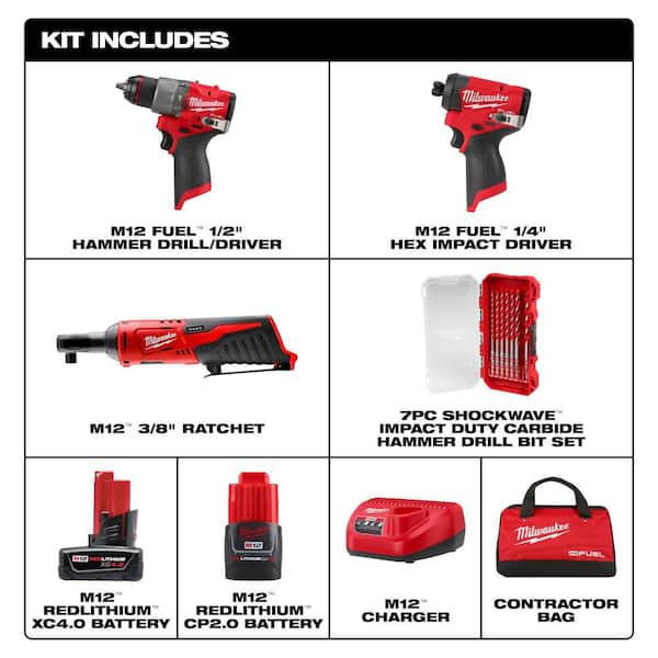 M12 FUEL 12V Hammer Drill/Impact Driver + M12 12V Cordless 3/8 in. Ratchet + 7-Pc Carbide Bit Combo Kit