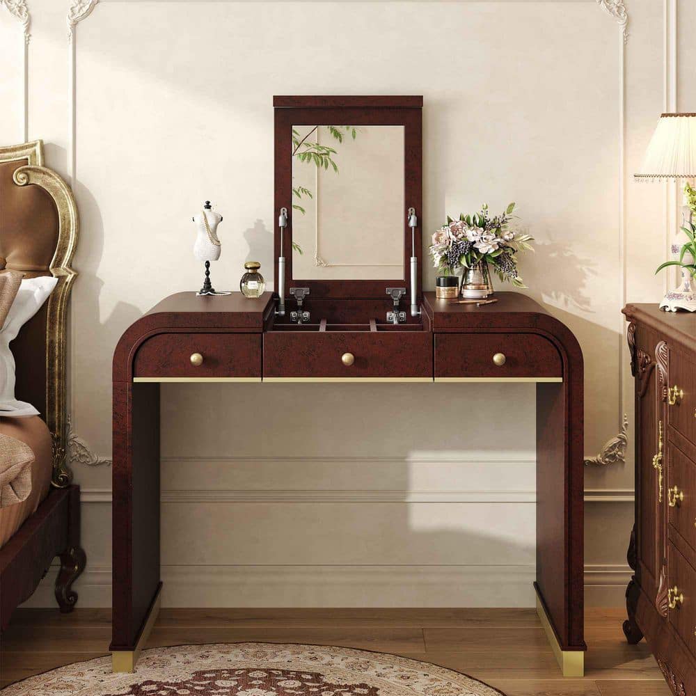 Espresso Makeup Vanity Set with Flip Mirror, 2 Drawers and Storage Space