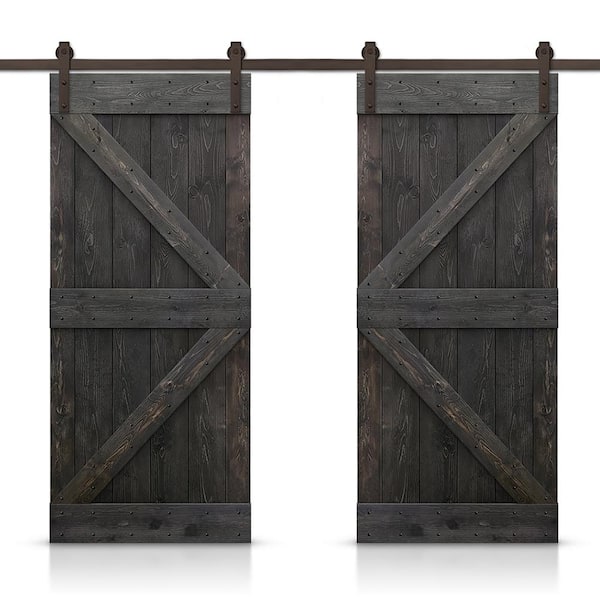 CALHOME K Series 60 in. x 84 in. Pre-Assembled Charcoal Black Stained Wood Interior Double Sliding Barn Door with Hardware Kit
