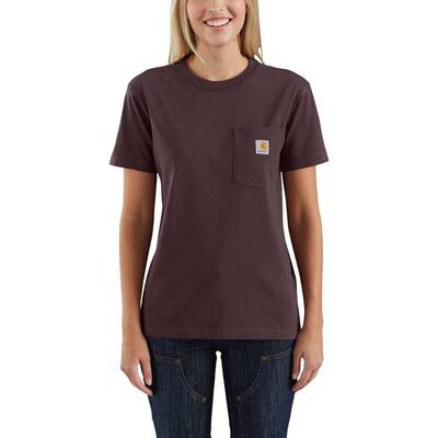Women's Large Deep Wine Cotton Workwear Pocket Short Sleeve T-Shirt