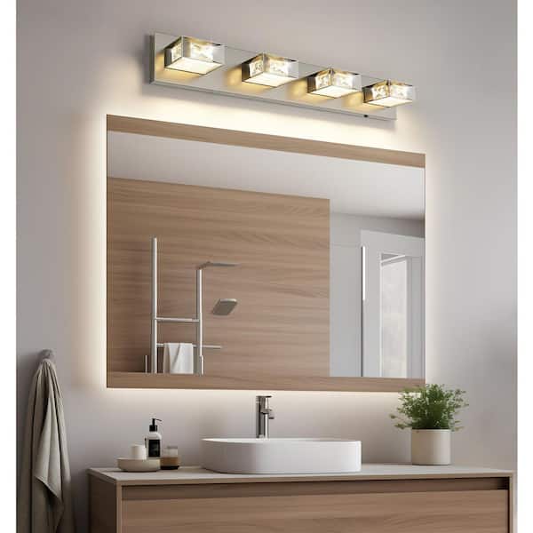 27.95 in. Nickle 4-Light Dimmable Crystal Bathroom Vanity Light with 5-CCT Adjustable Switch and 350° Swivel Range