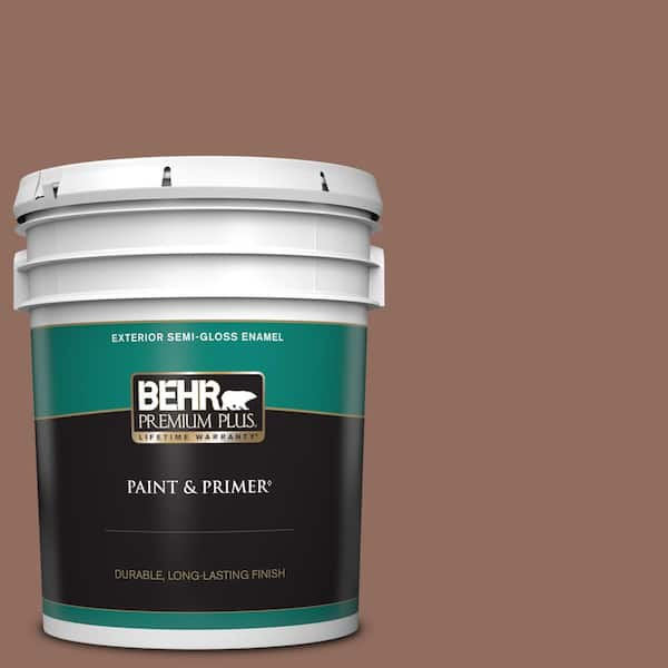 BEHR PREMIUM PLUS 5 gal. #220F-6 Chocolate Curl Semi-Gloss Enamel Exterior Paint & Primer