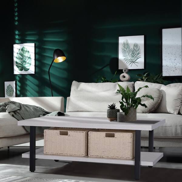 VEIKOUS 47 .3 in. L Off White 17.8 in. H Rectangle Composite Coffee Table with 2 Woven Storage Baskets HP0101 02 1 The Home Depot