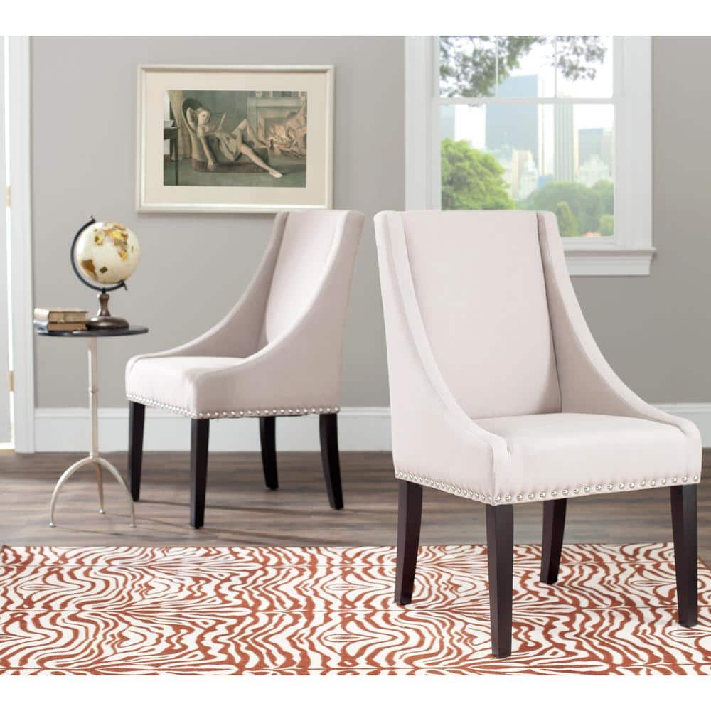 Transitional Beige Linen and Wood Upholstered Side Chair