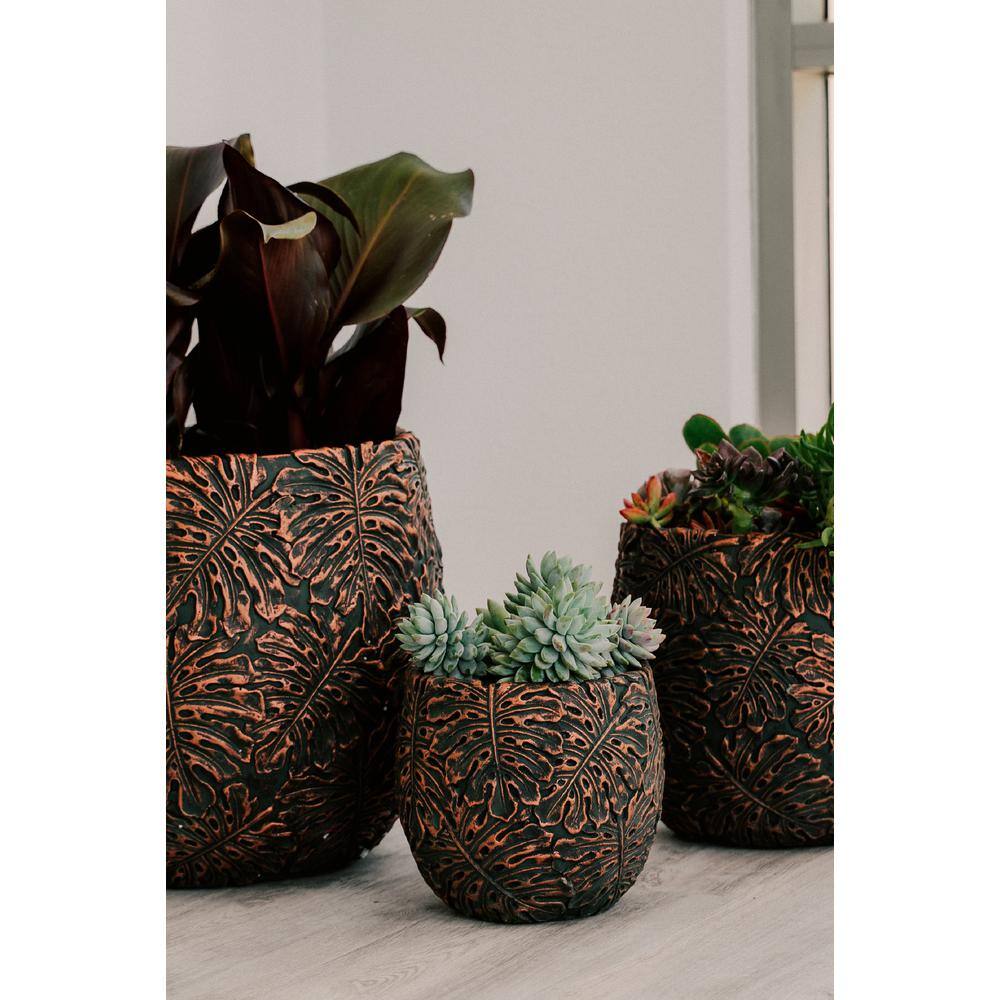 Set of 3 Round Brown and Bronze Fiberstone Outdoor Planters