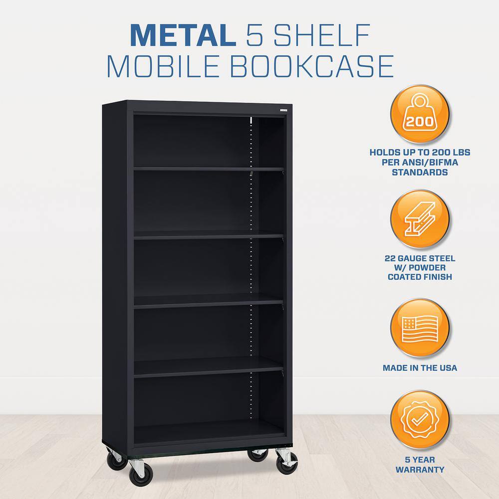 Black Steel Mobile Bookcase with Adjustable Shelves