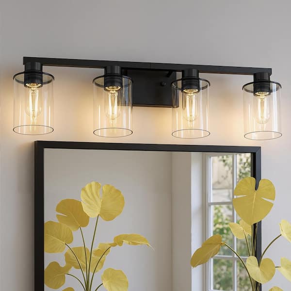 27 in. 4-Light Black Bathroom Vanity Light, Modern Bathroom Light Fixtures Over Mirror with Clear Glass Shade