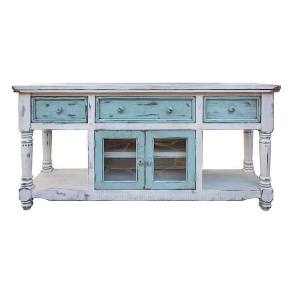 Benjara 70 in. Blue Wood TV Stand Fits TVs 78 in. with Wooden Frame