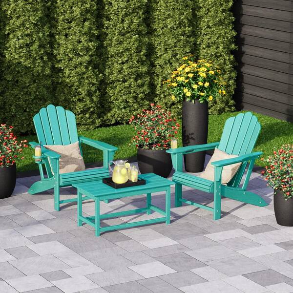 Aderson Turquoise 3-Piece All Weather Outdoor Patio HDPE Plastic Adirondack Chairs Conversation Set with Coffee Table