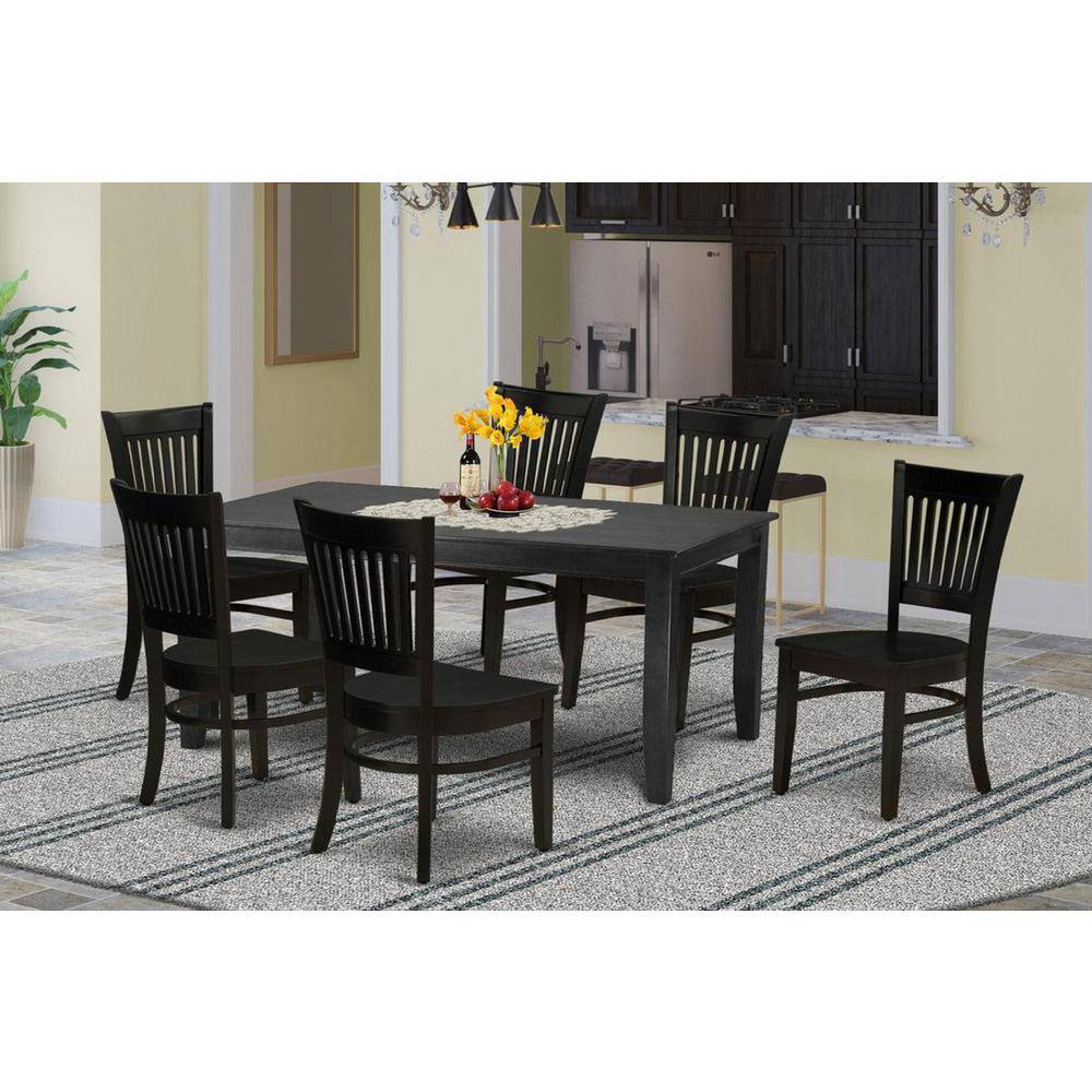7-Piece Rectangle Black Finish Solid Wood Top Dining Table with 6 Chairs with Slat Back