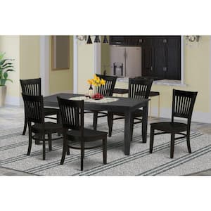 7-Piece Rectangle Black Finish Solid Wood Top Dining Table with 6 Chairs with Slat Back