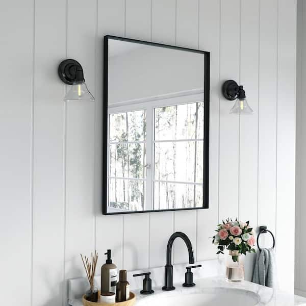 22 in. W x 30 in. H Rectangular Aluminum Framed Wall Bathroom Vanity Mirror in Black