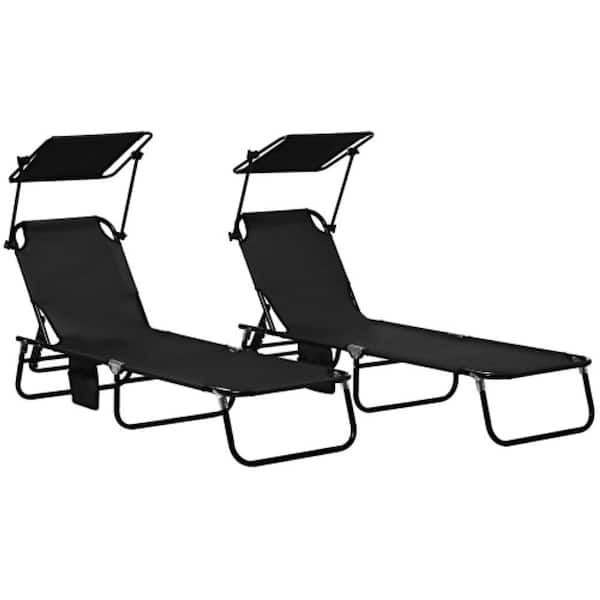 Misopily Outdoor Metal Folding Chaise Lounge Pool Chairs with Canopy Shade, Reclining Back, Steel Frame and Side Pocket, Black