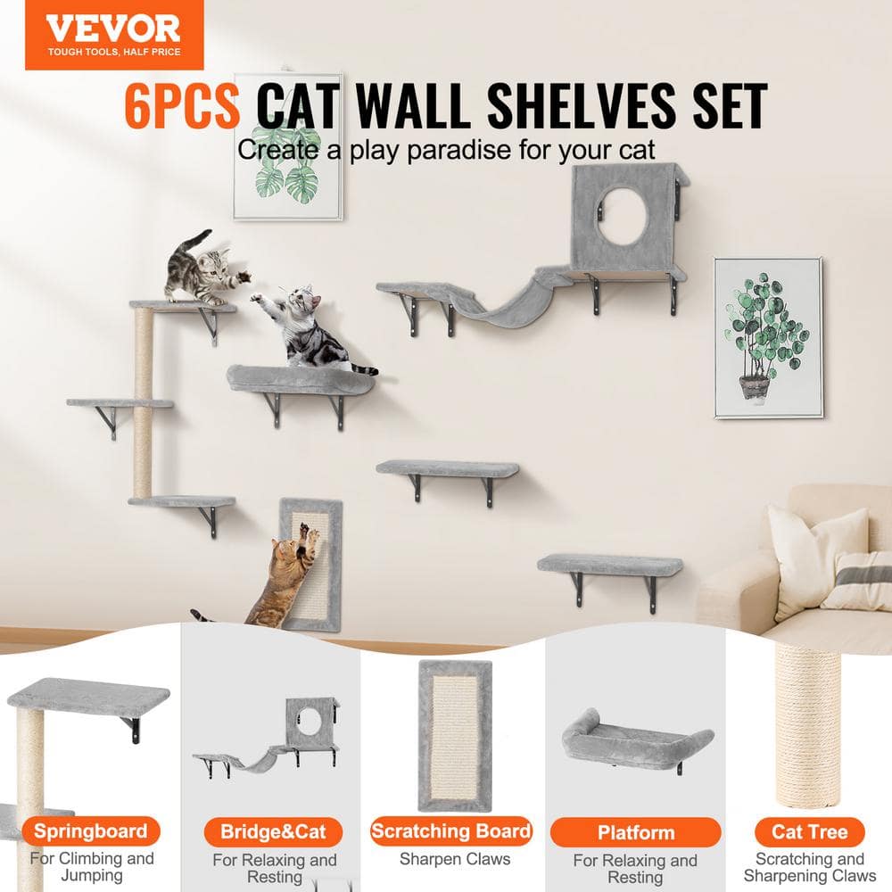 Gray Pine and Metal Wall Mounted Cat Shelves Set