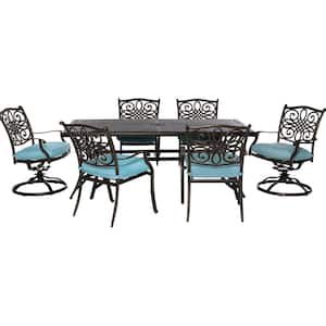 Traditions 7-Piece Aluminum Outdoor Rectangular Patio Dining Set and 2 Swivel Rockers with Blue Cushions