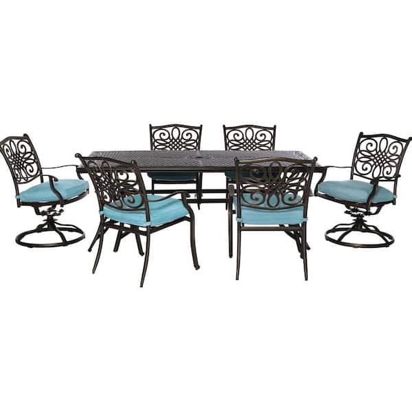 Hanover Traditions 7-Piece Aluminum Outdoor Rectangular Patio Dining Set and 2 Swivel Rockers with Blue Cushions