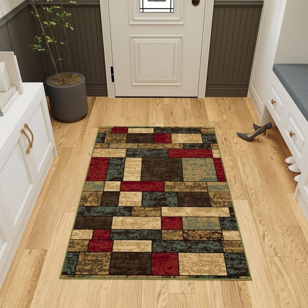 Ottohome Collection Non-Slip Rubberback Boxes Design 3x5 Indoor Area Rug, 3 ft. 3 in. x 5 ft., Multicolor