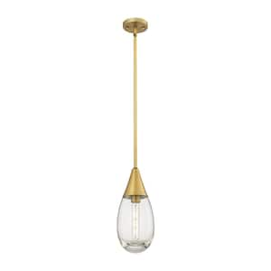 Malone 100-Watt 1 Light Brushed Brass Shaded Pendant Light with Clear glass Clear Glass Shade