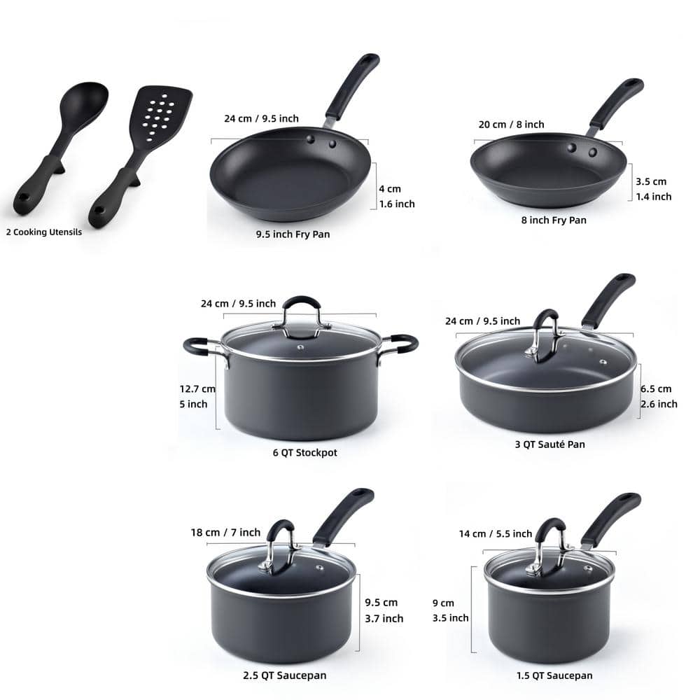 12-Piece Black Aluminum Nonstick Cookware Set with Glass Lids