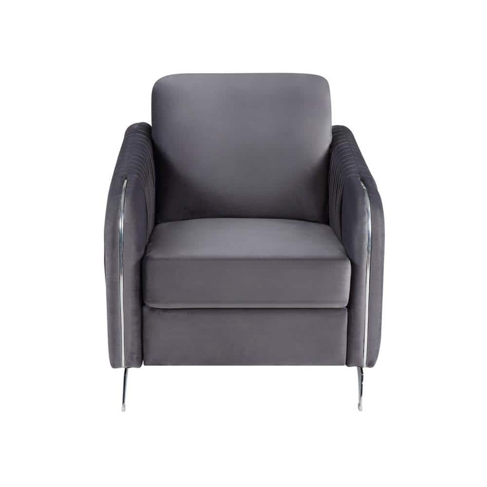 Hathaway Grey Velvet Armchair with Chrome Metal Lining and Legs