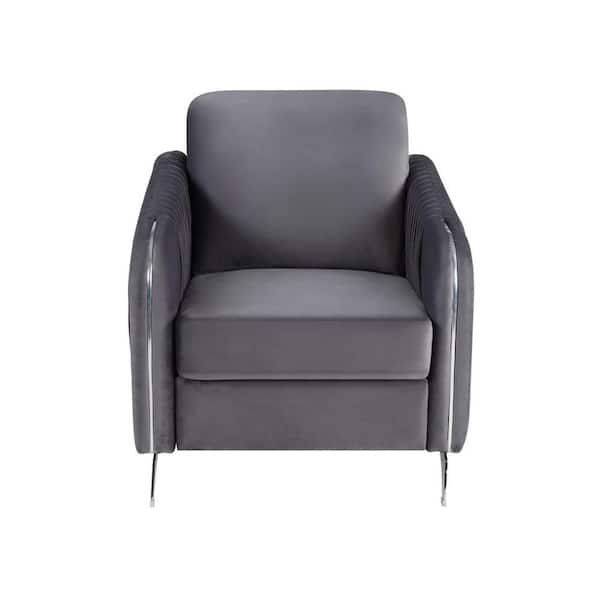 SIMPLE RELAX Hathaway Grey Velvet Armchair with Chrome Metal Lining and Legs
