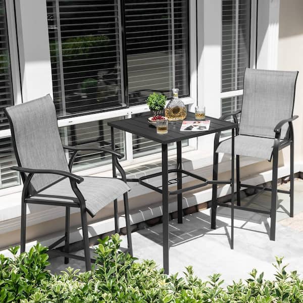 Black 3-Piece Textilene and Metal Square Outdoor Bar Set with Umbrella Hole and Height Back Bar Stools