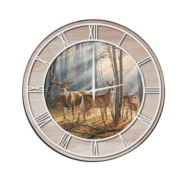 Unbranded "Woodland Splendor" Woodgrain Accent and White Numbers Imaged Wall Clock