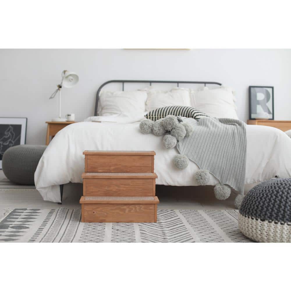 Natural Wood Pet Step with Storage and Carpeted Pads