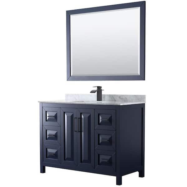 Wyndham Collection Daria 48 in. W x 22 in. D x 35.75 in. H Single Bath Vanity in Dark Blue with White Carrara Marble Top and 46 in. Mirror